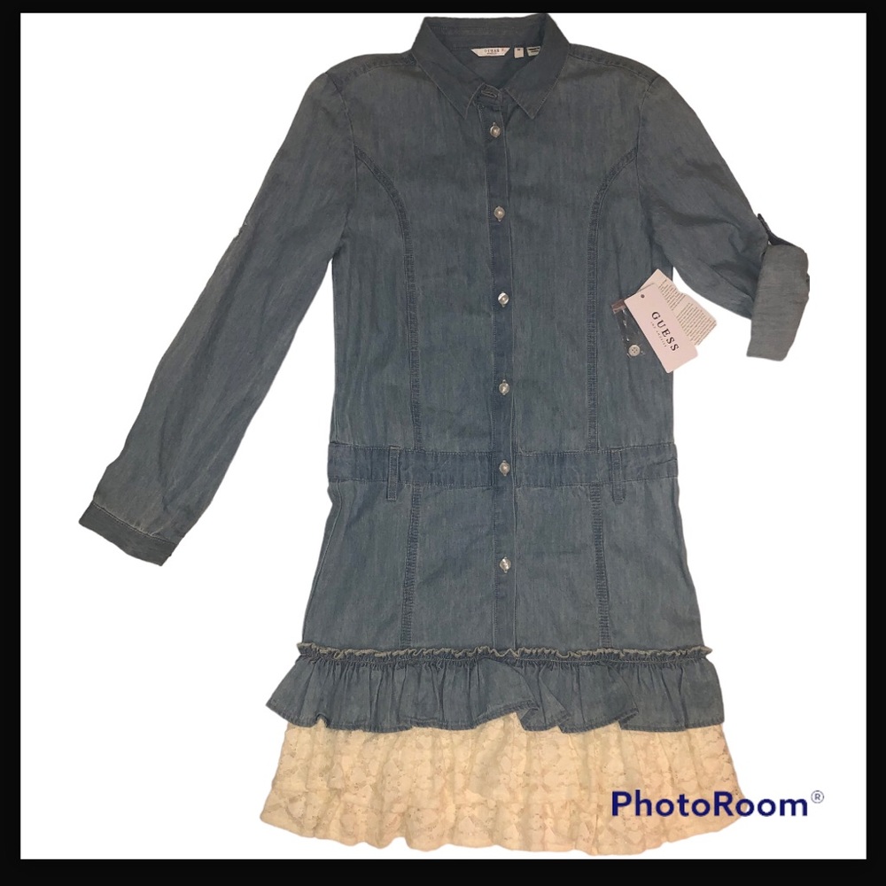 NWT Guess Kids Girl’s Denim Lace Dress Blue Buttoned Long Sleeve Collared Sz 12
